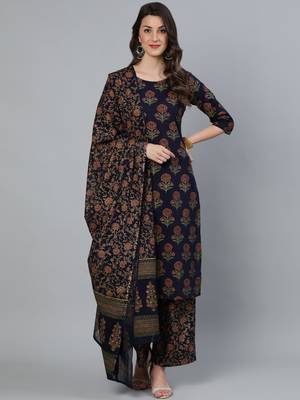 Blue Printed Cotton Kurta Palazzo With Dupatta Set 1