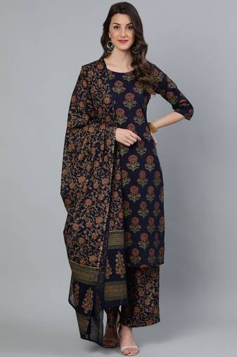 Blue Printed Cotton Kurta Palazzo With Dupatta Set