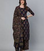 Blue Printed Cotton Kurta Palazzo With Dupatta Set