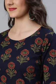 Blue Printed Cotton Kurta Palazzo With Dupatta Set