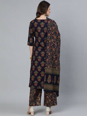 Blue Printed Cotton Kurta Palazzo With Dupatta Set 4