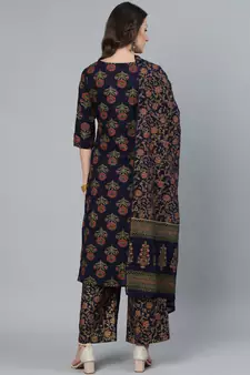Blue Printed Cotton Kurta Palazzo With Dupatta Set