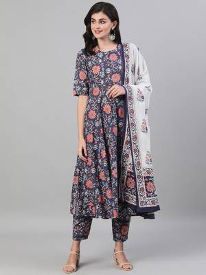 Blue Printed Cotton Kurta Palazzo With Dupatta Set 1