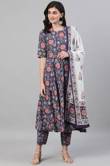 Blue Printed Cotton Kurta Palazzo With Dupatta Set