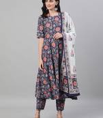 Blue Printed Cotton Kurta Palazzo With Dupatta Set