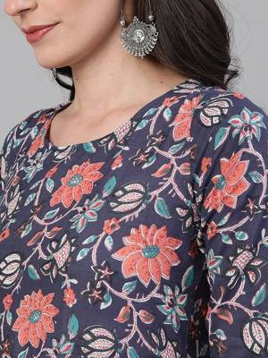 Blue Printed Cotton Kurta Palazzo With Dupatta Set 2