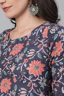 Blue Printed Cotton Kurta Palazzo With Dupatta Set