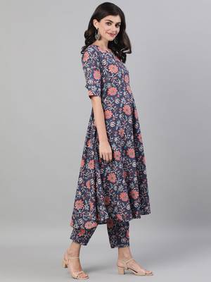 Blue Printed Cotton Kurta Palazzo With Dupatta Set 5