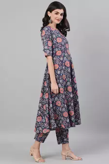 Blue Printed Cotton Kurta Palazzo With Dupatta Set