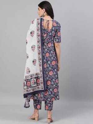 Blue Printed Cotton Kurta Palazzo With Dupatta Set 6