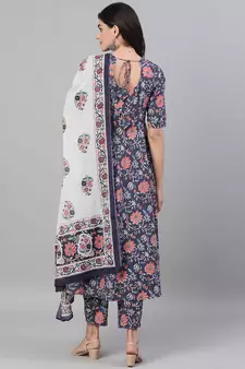 Blue Printed Cotton Kurta Palazzo With Dupatta Set