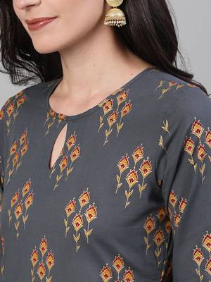 Grey Printed Cotton Kurta Palazzo With Dupatta Set 2