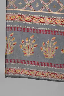 Grey Printed Cotton Kurta Palazzo With Dupatta Set