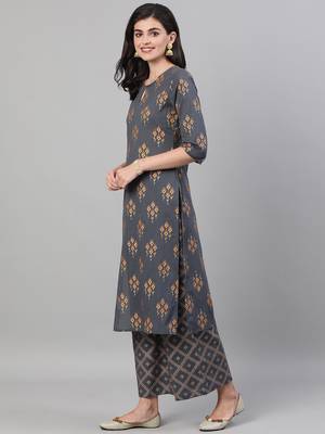 Grey Printed Cotton Kurta Palazzo With Dupatta Set 1