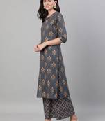 Grey Printed Cotton Kurta Palazzo With Dupatta Set
