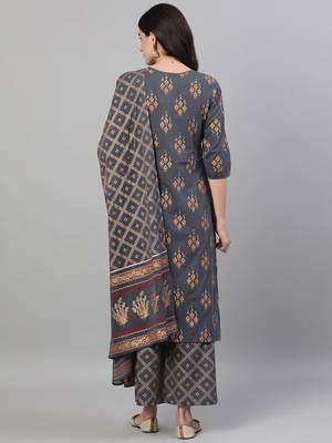 Grey Printed Cotton Kurta Palazzo With Dupatta Set 4