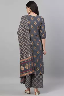 Grey Printed Cotton Kurta Palazzo With Dupatta Set