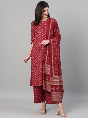 Burgundy Printed Cotton Kurta Palazzo With Dupatta Set 1