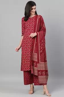 Burgundy Printed Cotton Kurta Palazzo With Dupatta Set