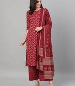Burgundy Printed Cotton Kurta Palazzo With Dupatta Set