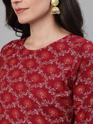 Burgundy Printed Cotton Kurta Palazzo With Dupatta Set 2