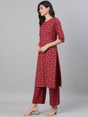 Burgundy Printed Cotton Kurta Palazzo With Dupatta Set 5