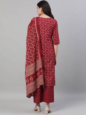 Burgundy Printed Cotton Kurta Palazzo With Dupatta Set 6