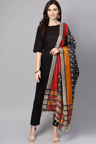 Black Printed Cotton Kurta Palazzo With Dupatta Set