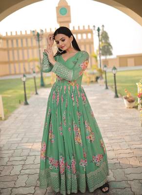 Pista Green Faux Georgette Digital Printed Gown 1