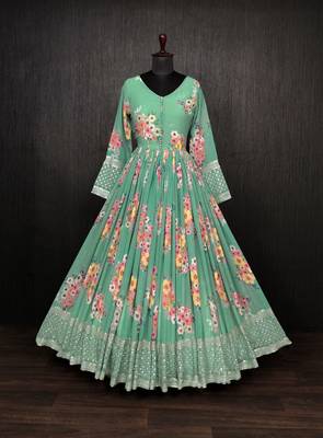 Pista Green Faux Georgette Digital Printed Gown 3