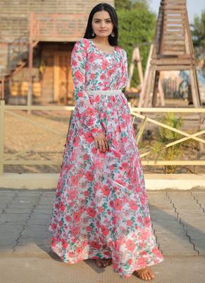 Off White Georgette With Rich Flower Digital Print work Gown With Dupatta 2