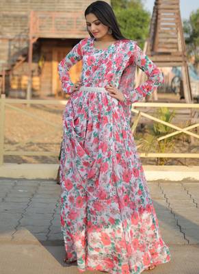 Off White Georgette With Rich Flower Digital Print work Gown With Dupatta 3