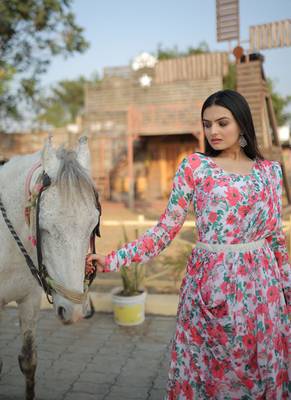 Off White Georgette With Rich Flower Digital Print work Gown With Dupatta 4