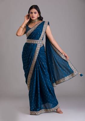 Navy blue dori and sequins embroidered art silk wedding saree for bride 1