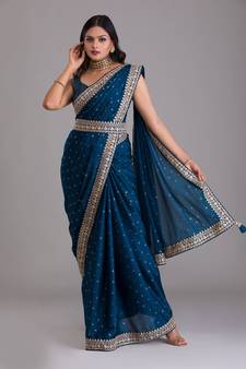 Navy blue dori and sequins embroidered art silk wedding saree for bride