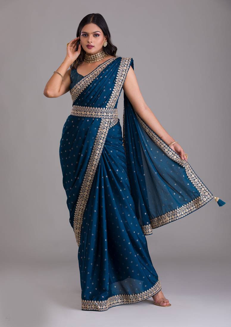 Navy blue dori and sequins embroidered art silk wedding saree for bride