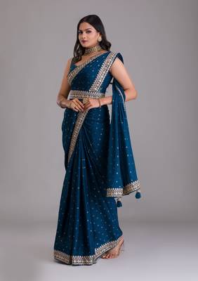 Navy blue dori and sequins embroidered art silk wedding saree for bride 2