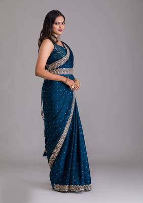 Navy blue dori and sequins embroidered art silk wedding saree for bride 3