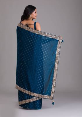 Navy blue dori and sequins embroidered art silk wedding saree for bride 4