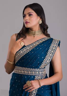 Navy blue dori and sequins embroidered art silk wedding saree for bride 5