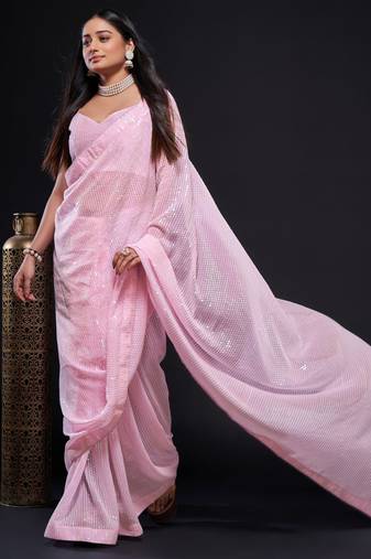  Baby Pink Rainbow Sequins Embroidered Foux Georgette Bridal Saree