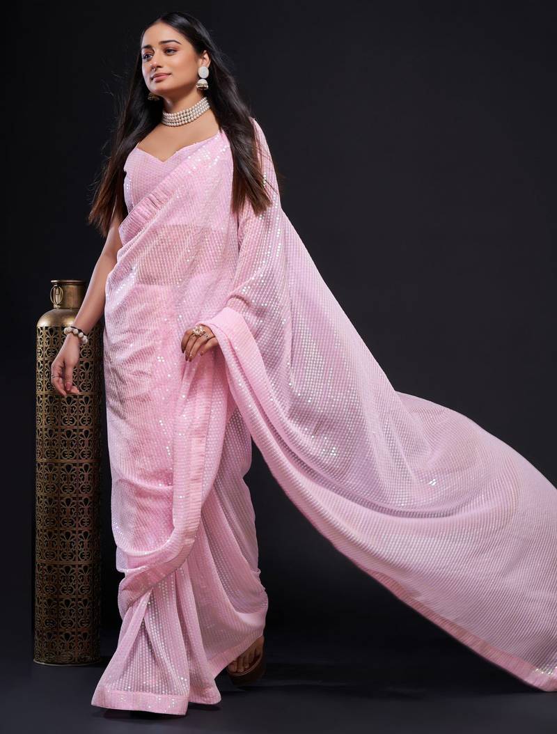  Baby Pink Rainbow Sequins Embroidered Foux Georgette Bridal Saree