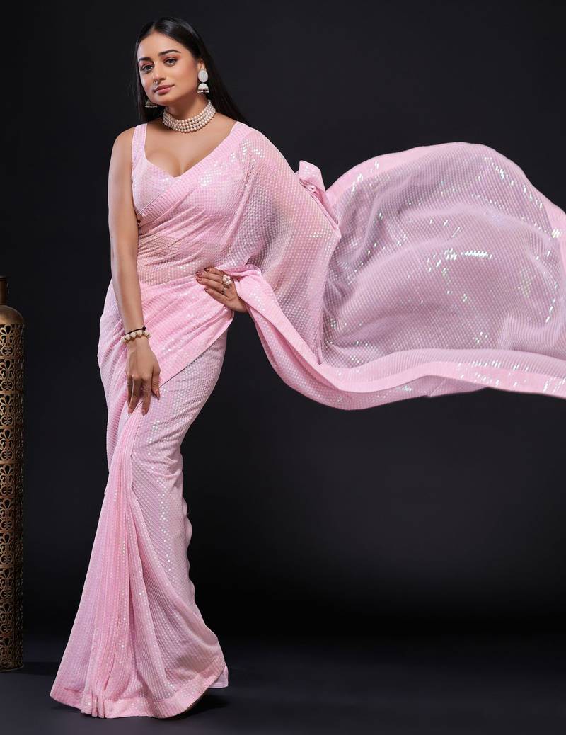  Baby Pink Rainbow Sequins Embroidered Foux Georgette Bridal Saree