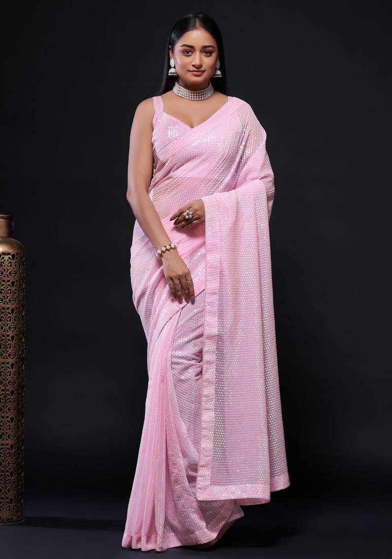  Baby Pink Rainbow Sequins Embroidered Foux Georgette Bridal Saree