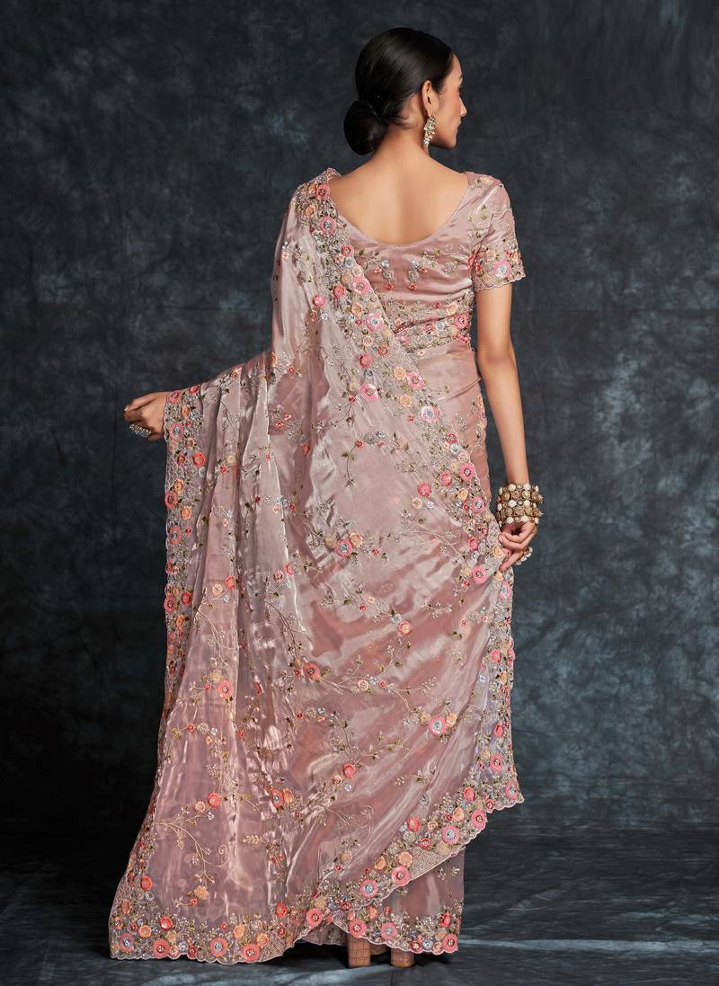 Women's Organza Brown Woven Design Designer Saree With Blouse Piece