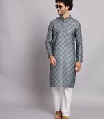 Cadet Blue Floral Digital Print Linen Fabrics Men's Kurta