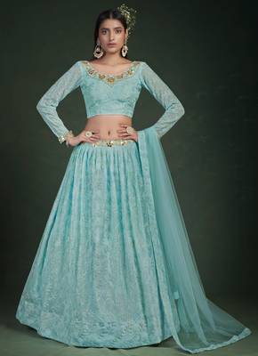  Blue Thread And Zari Embroidered Georgette Partywear Lehenga Choli 1