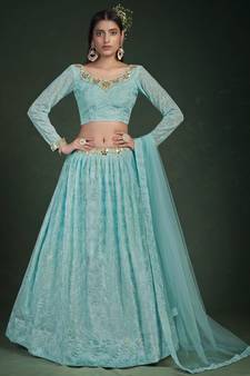  Blue Thread And Zari Embroidered Georgette Partywear Lehenga Choli