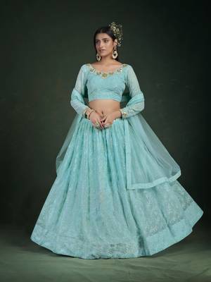  Blue Thread And Zari Embroidered Georgette Partywear Lehenga Choli 2