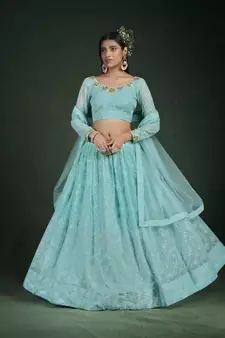  Blue Thread And Zari Embroidered Georgette Partywear Lehenga Choli
